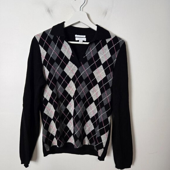 Charter Club Size M 2-Ply 100% Cashmere Argyle V-Neck Collared Sweater Black - Picture 1 of 5